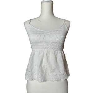 Hollister White Eyelet Embroidered Smocked Peplum Babydoll Tank Top Size M
